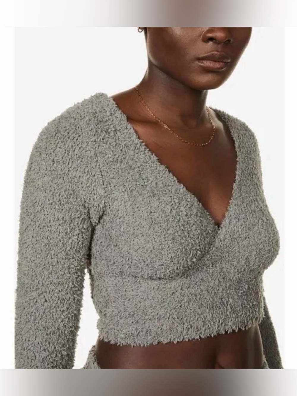 Cozy V-Neck Cropped Fuzzy Sweater - Gray